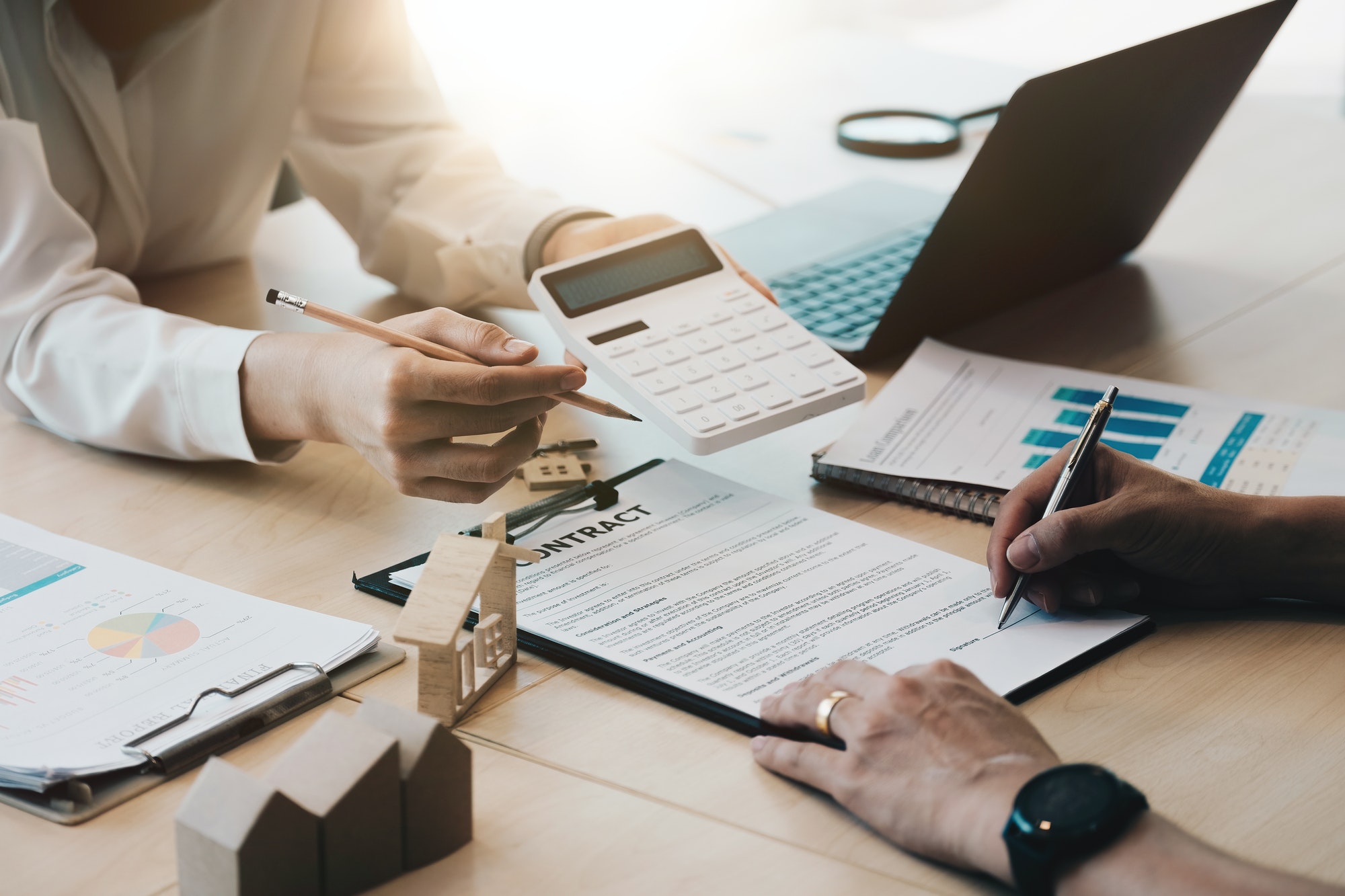 legal consultants, notary or justice lawyer discussing contract document on desk with client